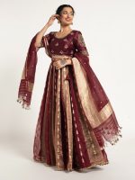 Burgundy Tissue Silk Lehenga ( Set of 3 ) - Image 4