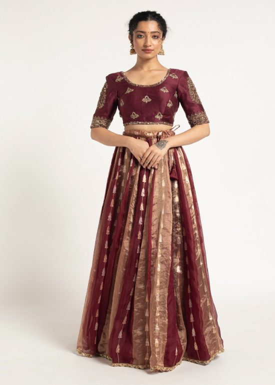 Burgundy Tissue Silk Lehenga ( Set of 2 )