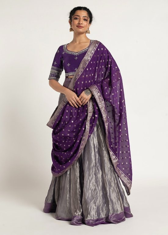 Purple Tissue Silk Lehenga Set of 3