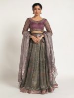 Blue Printed Tissue Silk Lehenga Set of 3 - Image 2
