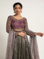 Blue Printed Tissue Silk Lehenga Set of 3 - Image 3