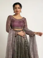 Blue Printed Tissue Silk Lehenga Set of 3 - Image 3