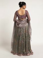 Blue Printed Tissue Silk Lehenga Set of 3 - Image 6
