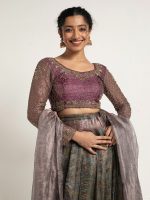 Blue Printed Tissue Silk Lehenga Set of 3 - Image 5