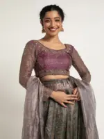 Blue Printed Tissue Silk Lehenga Set of 3 - Image 5