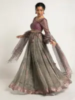 Blue Printed Tissue Silk Lehenga Set of 3