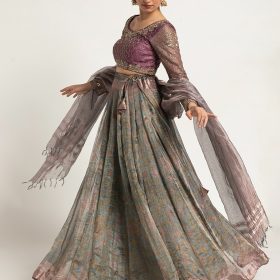 Blue Printed Tissue Silk Lehenga Set of 3