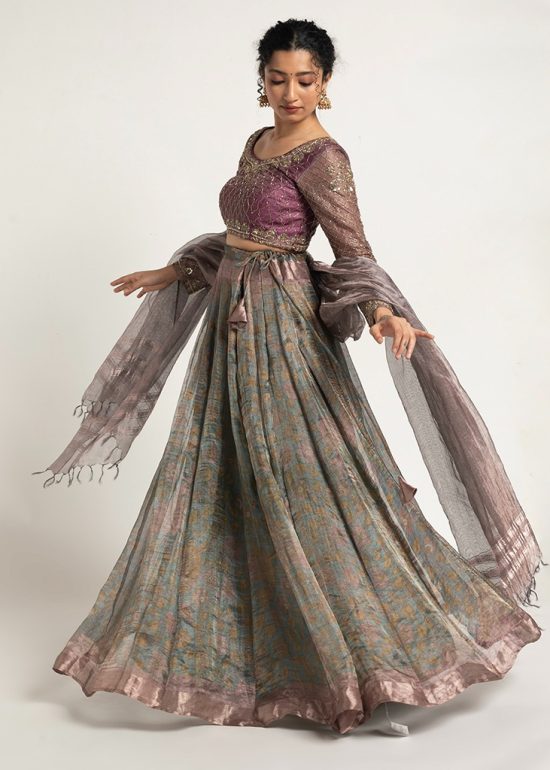Blue Printed Tissue Silk Lehenga Set of 3
