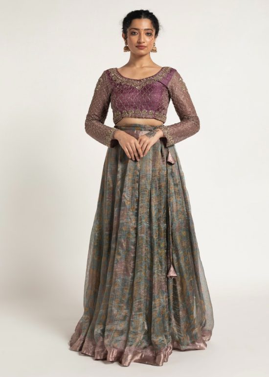 Blue Printed Tissue Silk Lehenga Set of 2