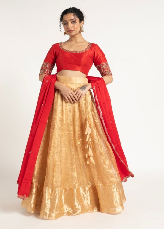 Champagne Gold Tissue Silk Lehenga Set of 3