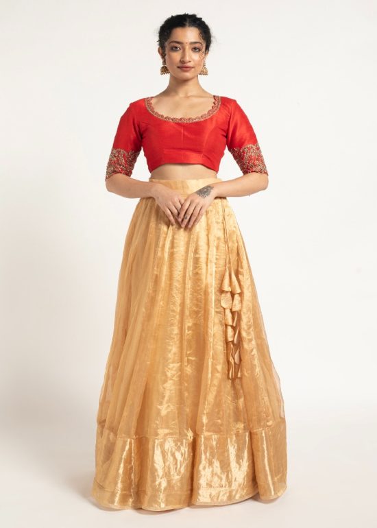 Champagne Gold Tissue Silk Lehenga Set of 2