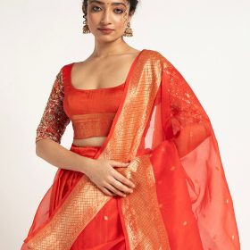 Dark Orange Organza Silk Dupatta with Zari Border Detailing
