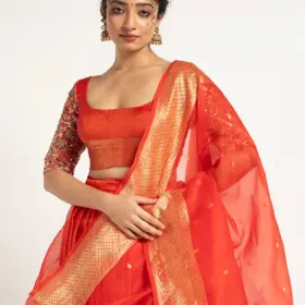 Dark Orange Organza Silk Dupatta with Zari Border Detailing