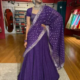 Purple Chequered Silk Lehenga Set of 3