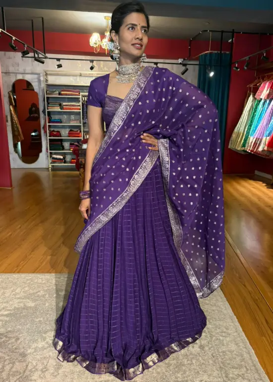 Purple Chequered Silk Lehenga Set of 3