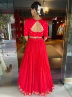 Red Chequered Silk Lehenga Set of 2 - Image 4