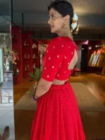 Red Chequered Silk Lehenga Set of 2 - Image 3