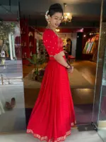 Red Chequered Silk Lehenga Set of 2 - Image 2