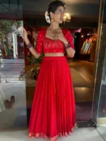 Red Chequered Silk Lehenga Set of 2
