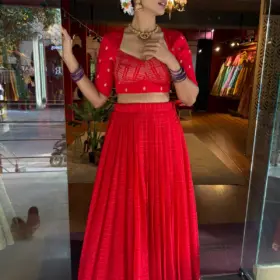 Red Chequered Silk Lehenga Set of 2