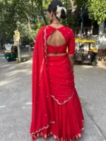 Red Chequered Silk Lehenga Set of 3 - Image 6