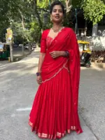 Red Chequered Silk Lehenga Set of 3