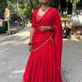 Red Chequered Silk Lehenga Set of 3