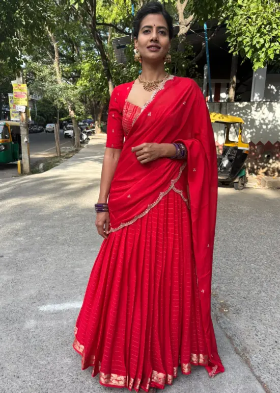 Red Chequered Silk Lehenga Set of 3