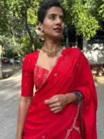 Red Chequered Silk Lehenga Set of 3 - Image 5