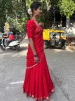 Red Chequered Silk Lehenga Set of 3 - Image 3