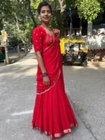 Red Chequered Silk Lehenga Set of 3 - Image 4