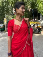 Red Chequered Silk Lehenga Set of 3 - Image 2