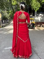 Red Chequered Silk Lehenga Set of 3 - Image 7