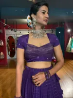 Purple  Chequered Silk Lehenga Set of 2 - Image 4