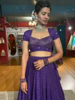 Purple  Chequered Silk Lehenga Set of 2 - Image 3