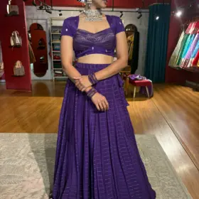Purple  Chequered Silk Lehenga Set of 2