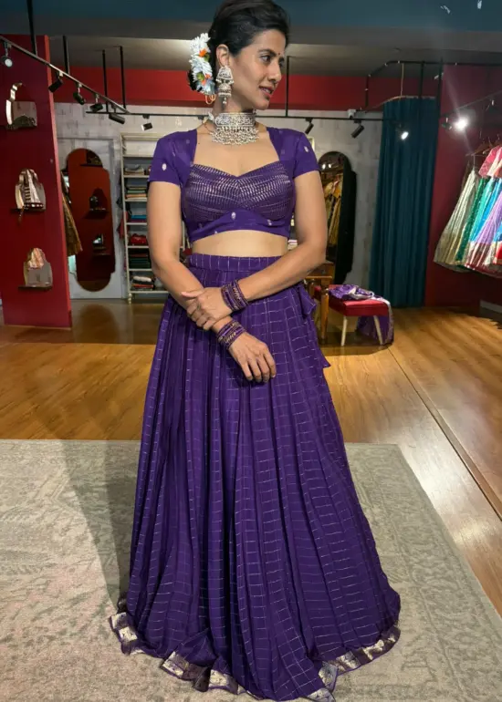 Purple  Chequered Silk Lehenga Set of 2