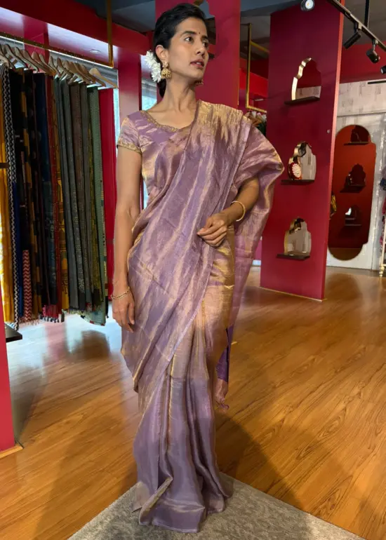 Lavender Tissue Silk Saree With Ready Made Blouse