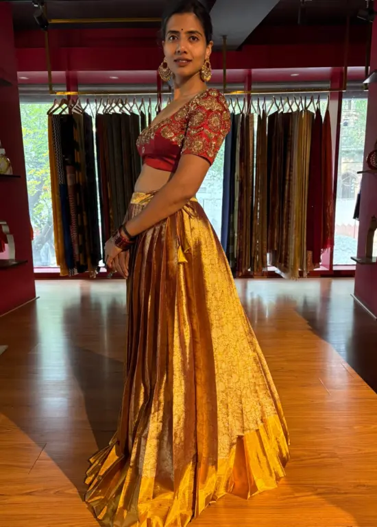Maroon Embroidered Gold  Silk Lehenga set of 2