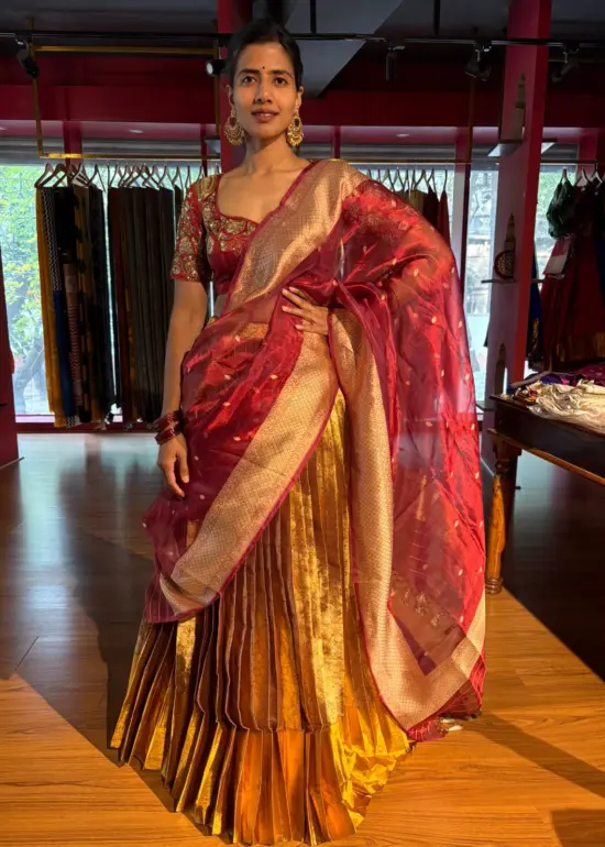 Maroon Embroidered Gold  Silk Lehenga set of 3