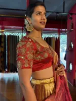Maroon Embroidered Gold  Silk Lehenga set of 3 - Image 5