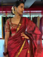 Maroon Mangalagiri Silk Saree in Gold Zari Chequered Pattern - Image 3