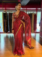 Maroon Mangalagiri Silk Saree in Gold Zari Chequered Pattern